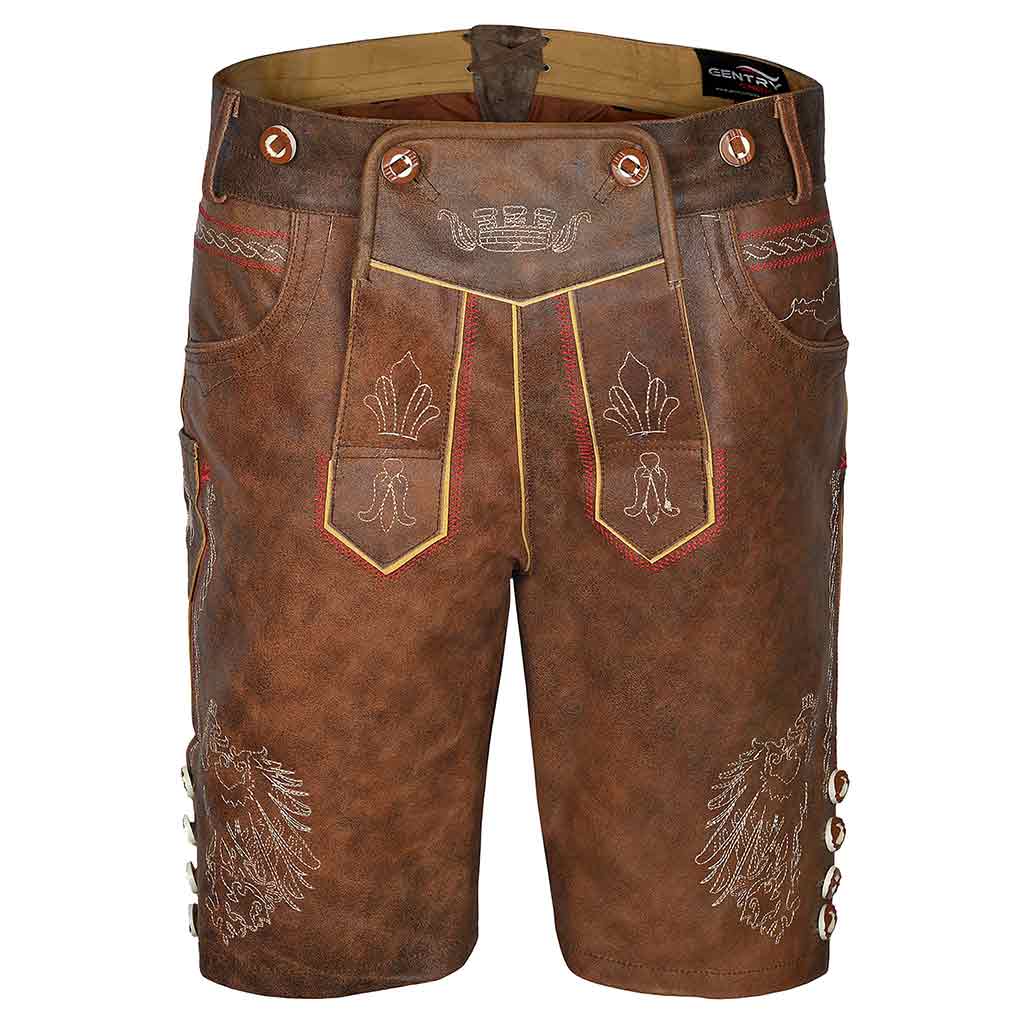 Mens German Oktoberfest Outfit | Leather Bavaria Lederhosen Stormer Red Brown