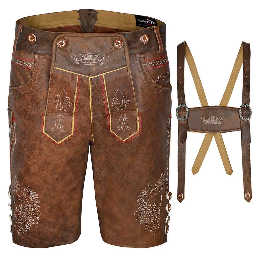 Bavarian oktoberfest outfit male Leather Lederhosen Stormer Red Brown