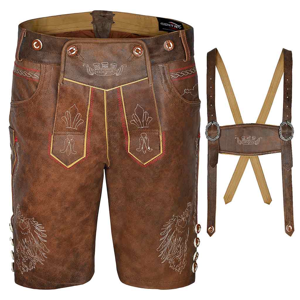 Mens German Oktoberfest Outfit | Leather Bavaria Lederhosen Stormer Red Brown