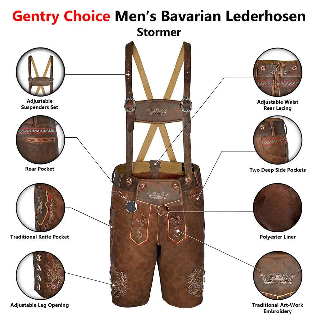 Bavarian oktoberfest outfit male Leather Lederhosen Stormer Red Brown