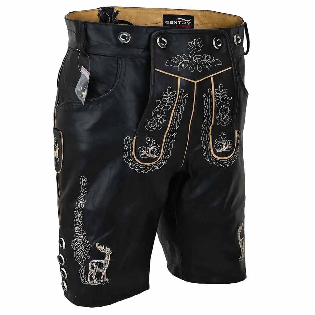 men leather short with embroidery