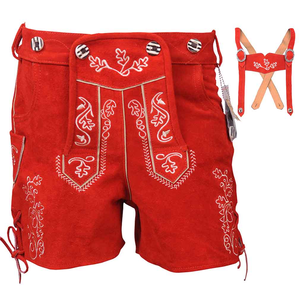 Womens Red Suede Leather Lederhosen Oktoberfest outfit