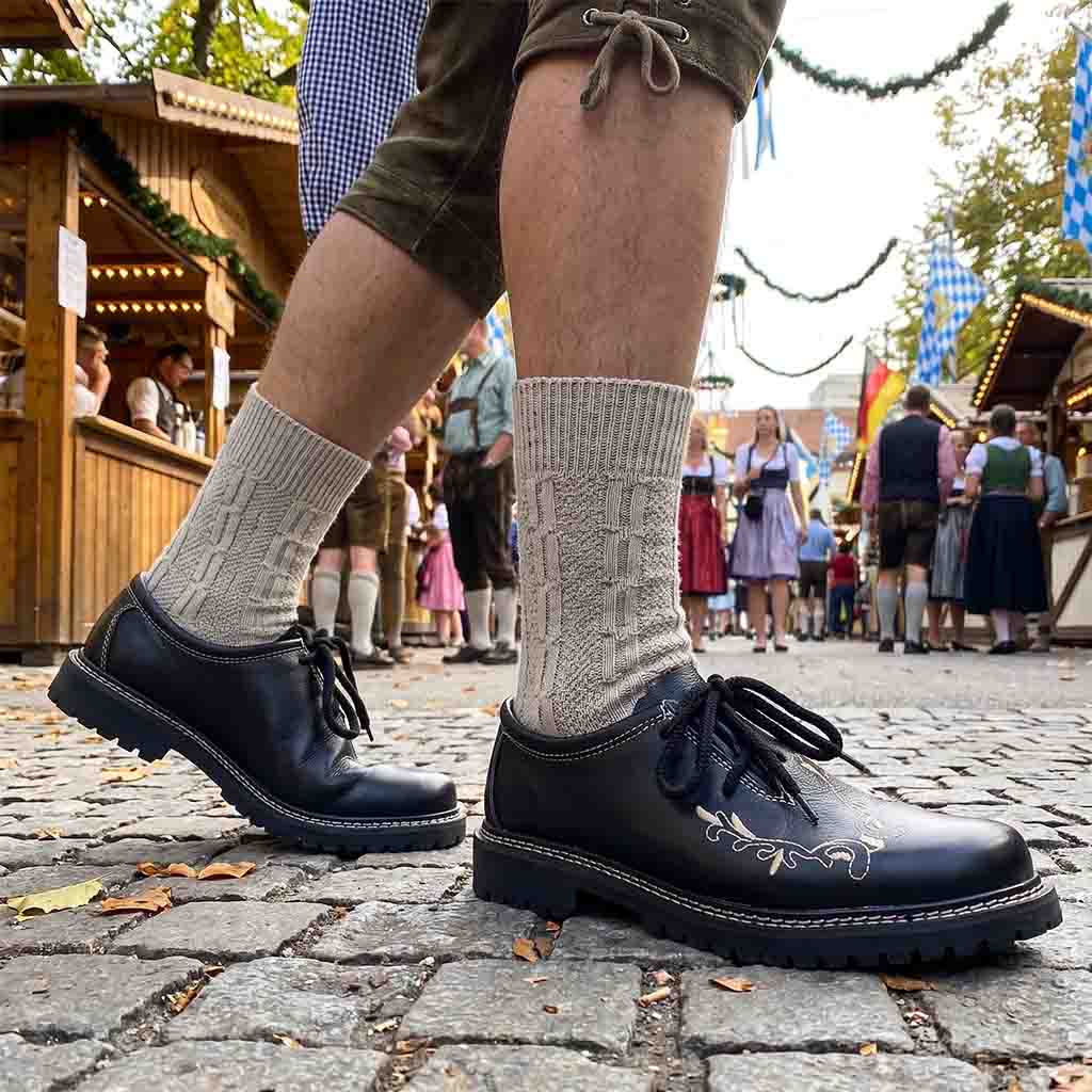 Man wearing black Bavarian Oktoberfest shoes with lederhosen and traditional socks at an Oktoberfest festival