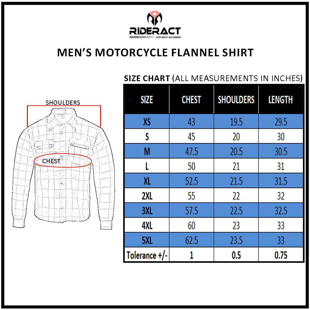 RIDERACT® Motorcycle Reinforced Flannel Shirt size chart