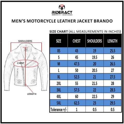 RIDERACT® Leather Motorcycle Jacket Brando Native Size Chart