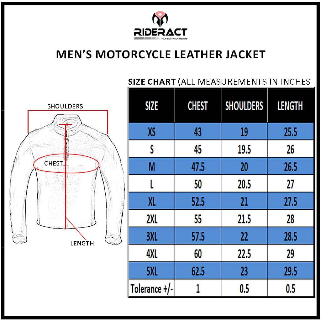 RIDERACT® Men's Leather Motorcycle Jacket Cafe Racer KRATOS Size Chart