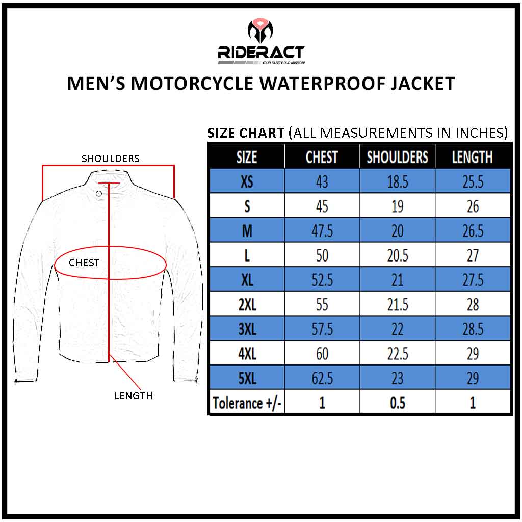 RIDERACT® Waterproof Motorcycle Jacket size chart