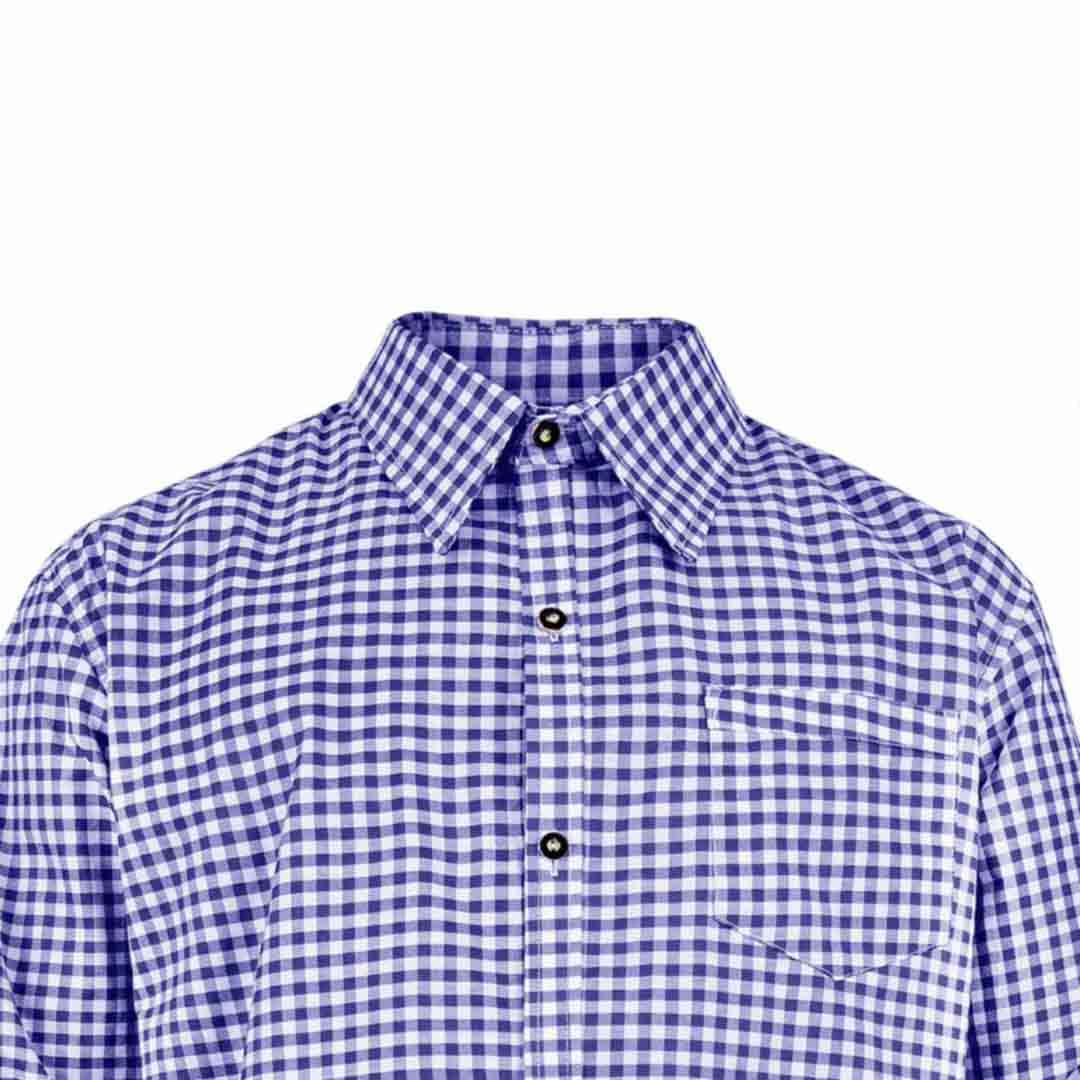 Close-up of classic collar and button placket on Men's Blue Checked Bavarian Oktoberfest Shirt