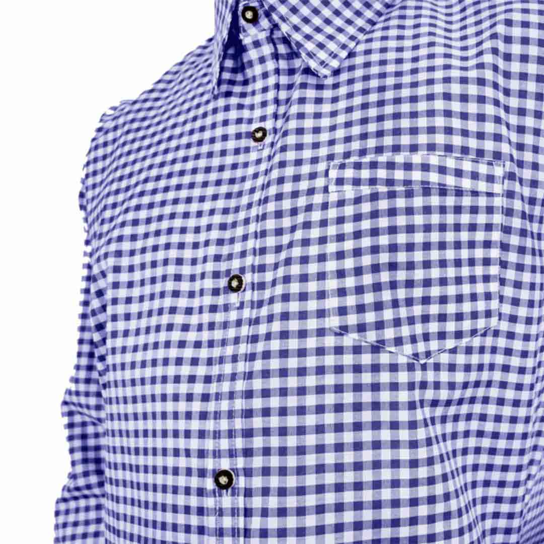 Close-up of chest pocket on Men's Blue Checked Bavarian Oktoberfest Shirt with gingham pattern