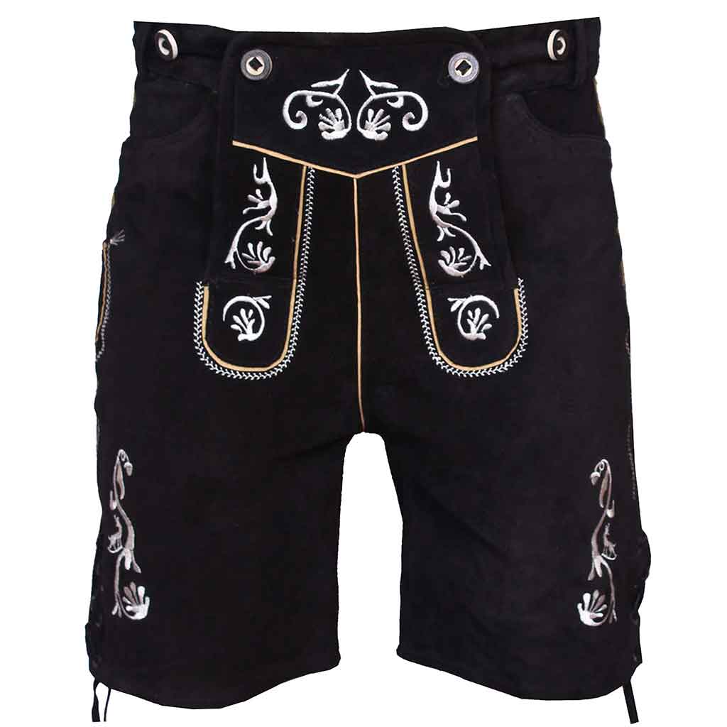 Front view of Men's Black Lederhosen Oktoberfest Outfit Bavarian Costume Suede Leather 