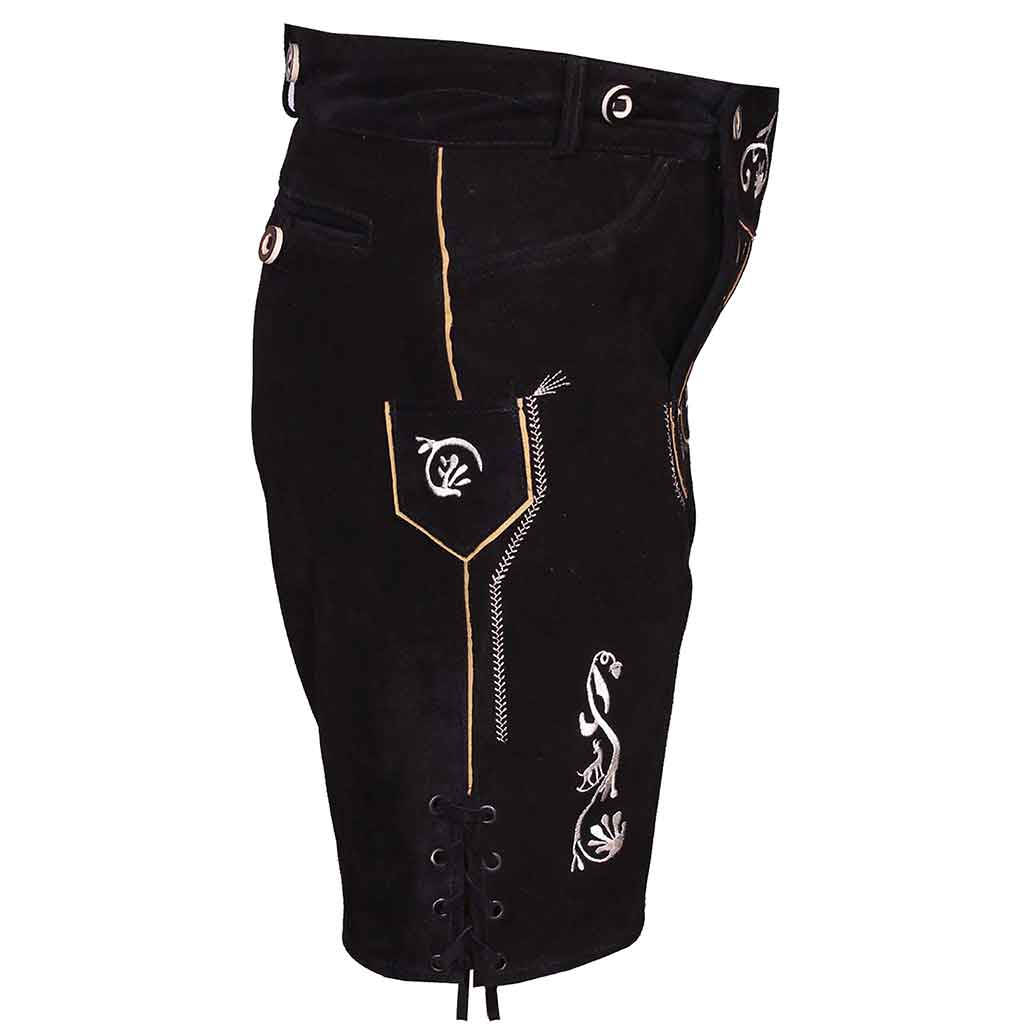 Side view Men's Black Lederhosen Oktoberfest Outfit Bavarian Costume Suede Leather