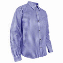 Angled view of Men's Blue Checked Bavarian Oktoberfest Shirt featuring classic gingham check pattern