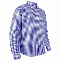 Angled view of Men's Blue Checked Bavarian Oktoberfest Shirt featuring classic gingham check pattern