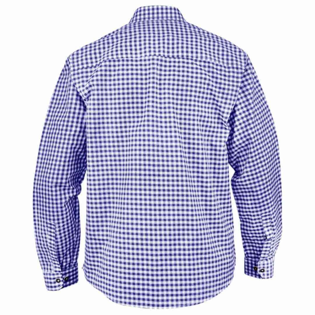 Back view of Men's Blue Checked Bavarian Oktoberfest Shirt with traditional gingham design