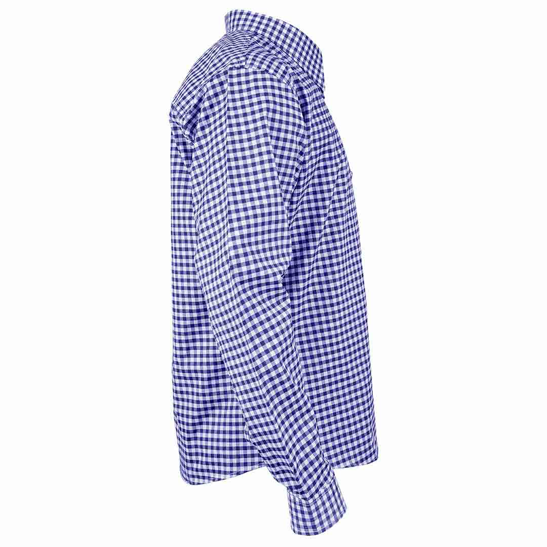 Side profile of Men's Oktoberfest Shirt Blue Checked Bavarian Shirt with long sleeves