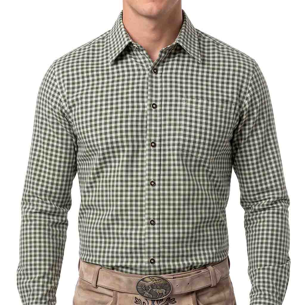 Men’s German Oktoberfest Shirt Green Checked Bavarian Shirt front closed view