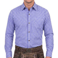 Men's Oktoberfest Shirt Blue Checked Bavarian Shirt front closed view