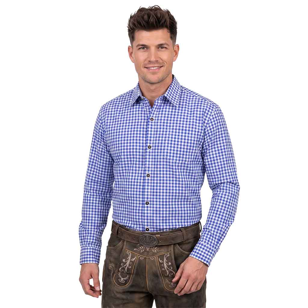 Men's Oktoberfest Shirt Blue Checked Bavarian Shirt front pose