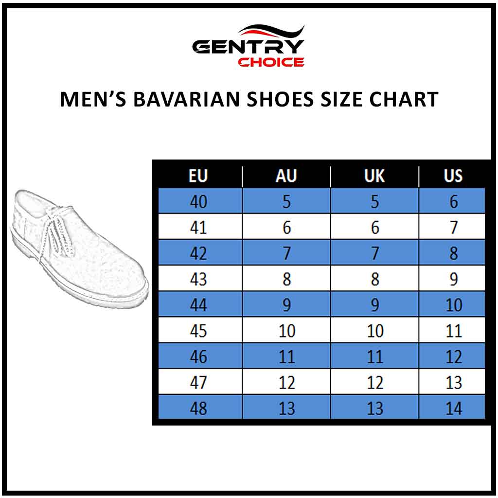 Men's Oktoberfest Shoes Genuine Cowhide Leather Black Bavarian Shoes size chart guide