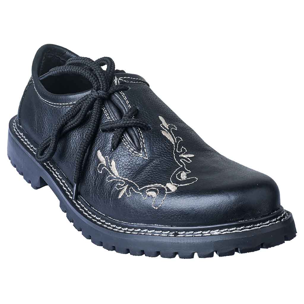 Men's black Oktoberfest shoe with traditional embroidery and lace-up closure, front angle view