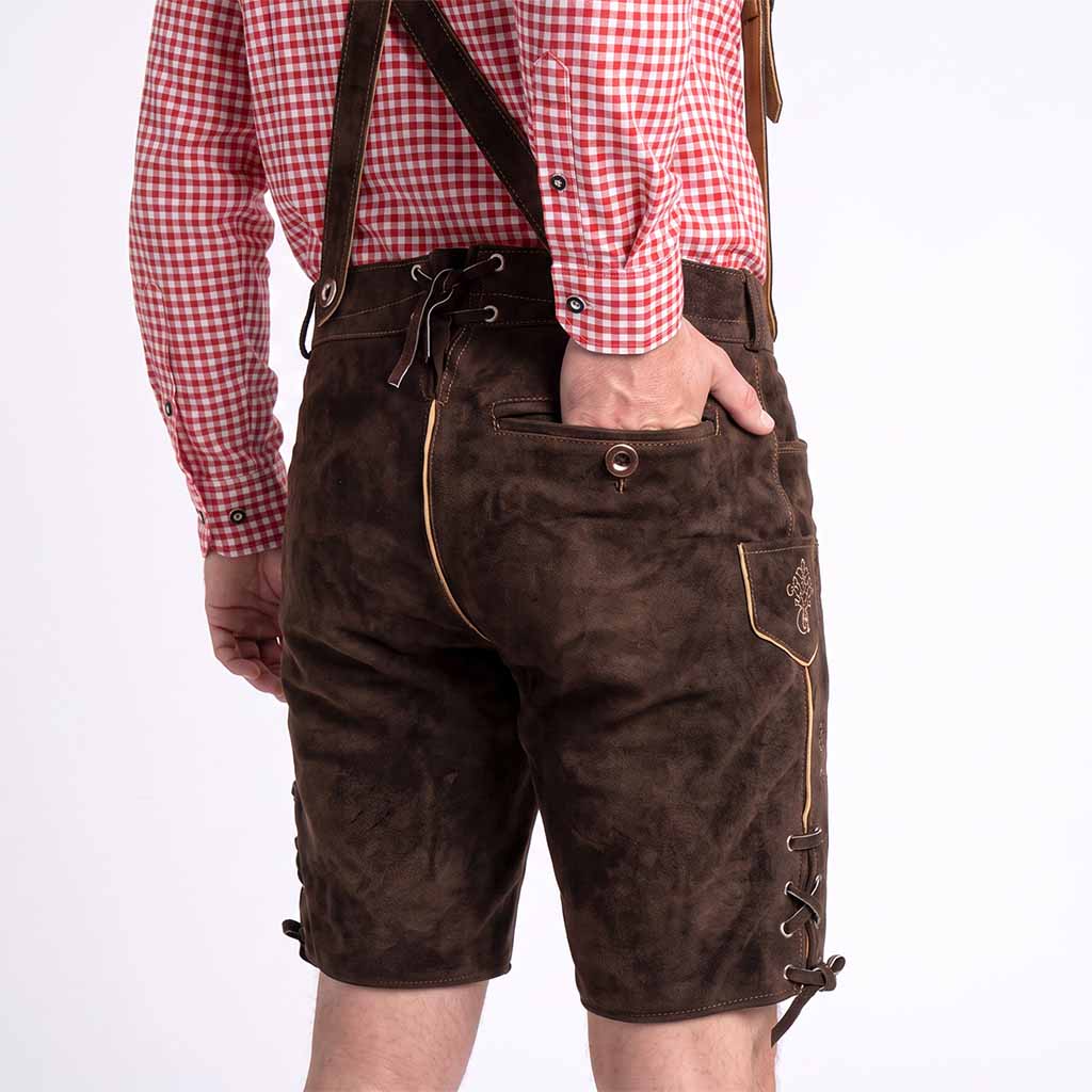 Men wearing dark brown leather or suede lederhosen shorts with suspenders, paired with a red and white gingham shirt, shown from the back against a plain white background.