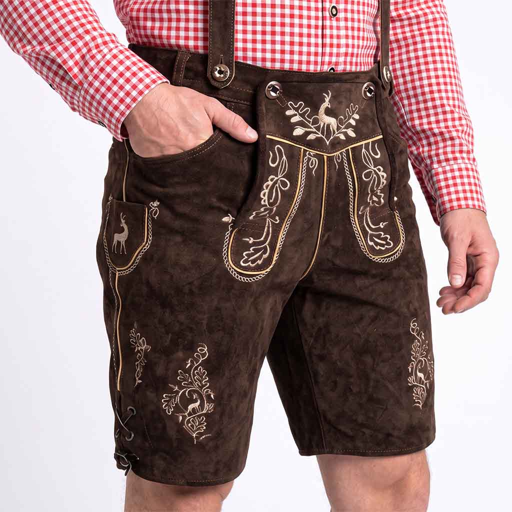 Men wearing dark brown leather or faux-leather traditional lederhosen shorts with gold embroidery and suspenders, paired with a red-and-white gingham shirt against a light gray studio background.