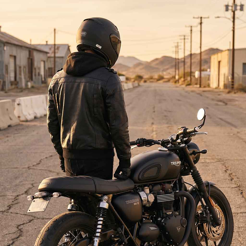 Men with bike with RIDERACT® Leather Motorcycle Jacket with Hood 