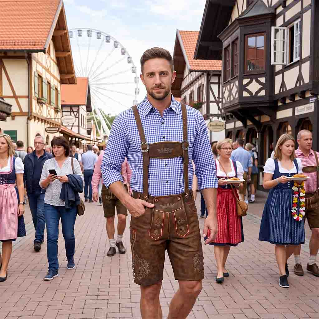 
Mens German Oktoberfest Outfit Suede Leather Bavarian Lederhosen 'Stormer' Red Brown
