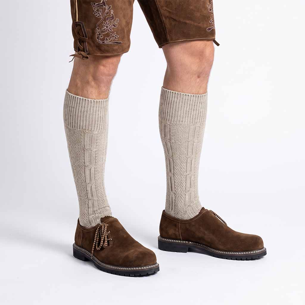 Model wearing Suede Leather Oktoberfest Shoes Dark Brown 
