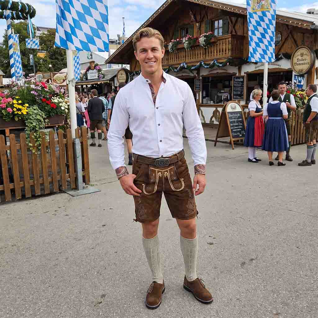 Men's Bavarian Shirt White Band Collar Oktoberfest Shirt with Traditional Embroidery