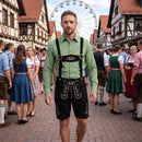 Model wearing Men's Black Lederhosen Oktoberfest Outfit Bavarian Costume Suede Leather 