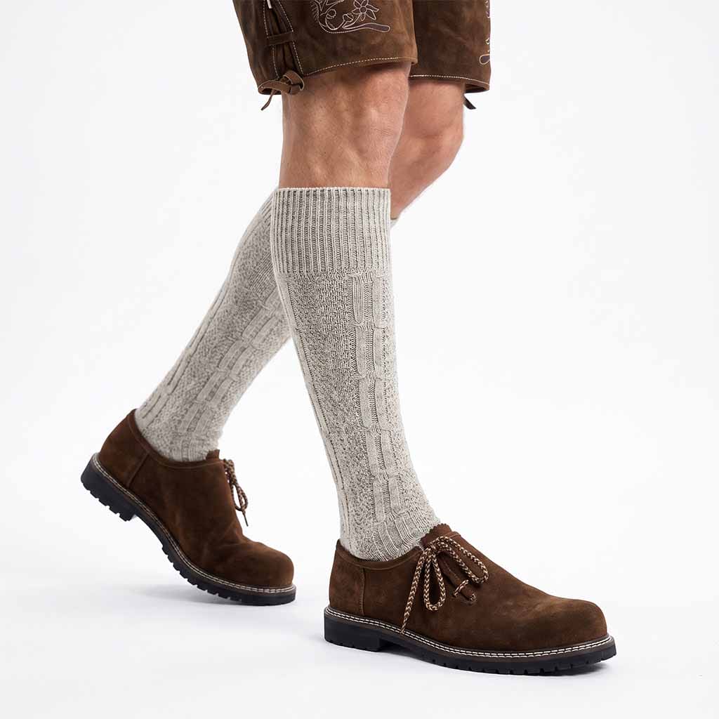 Model wearing Suede Leather Oktoberfest Shoes Dark Brown 