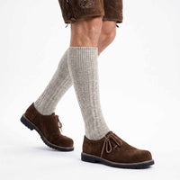 Model wearing Suede Leather Oktoberfest Shoes Dark Brown 
