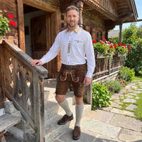 Model wearing White Cotton Oktoberfest Shirt with Traditional Embroidery