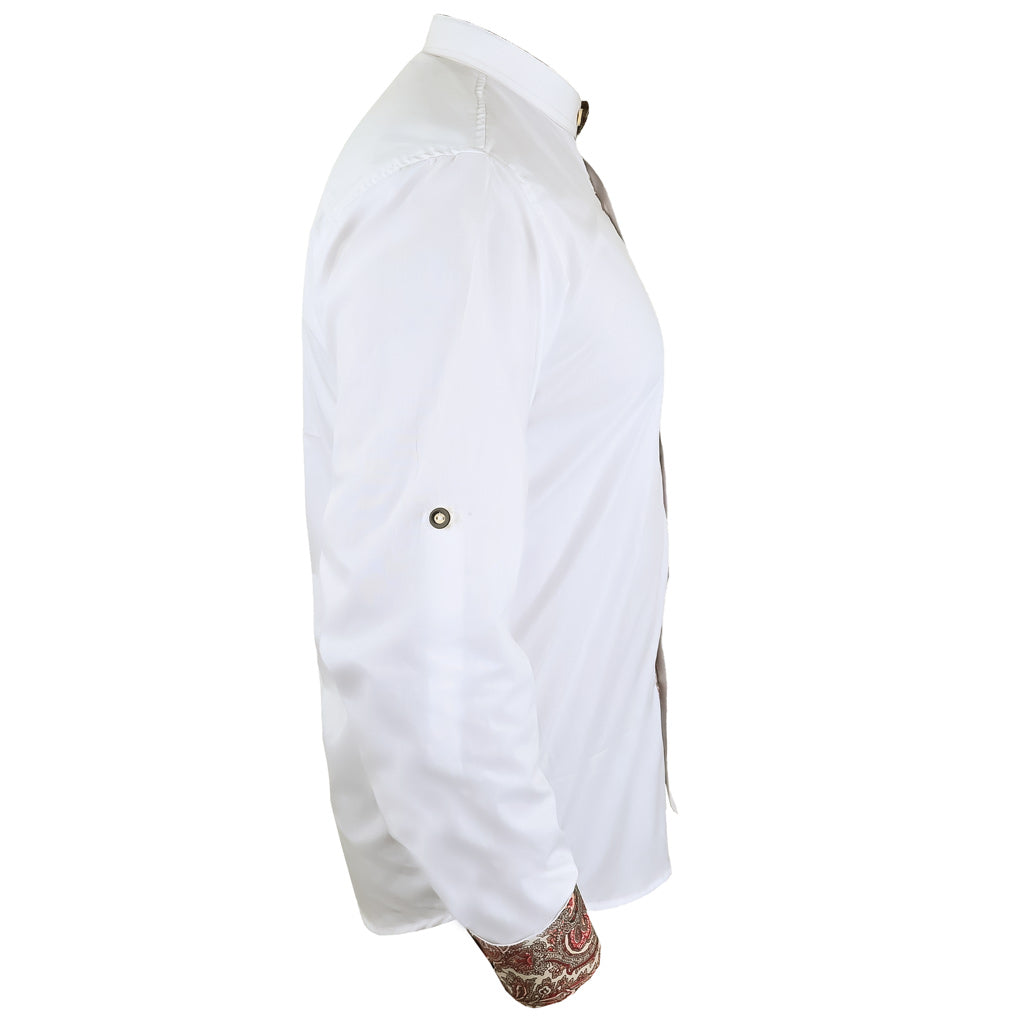 Side view of white Bavarian shirt band collar showing mandarin collar and button placket
