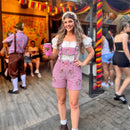 Model wearing Womens Oktoberfest Outfit Lederhosen Suede Leather Oktoberfest Dress Rose Pink at German beer festival