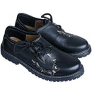 Pair of black Bavarian Oktoberfest shoes with cream oak-branch embroidery and lace-up front
