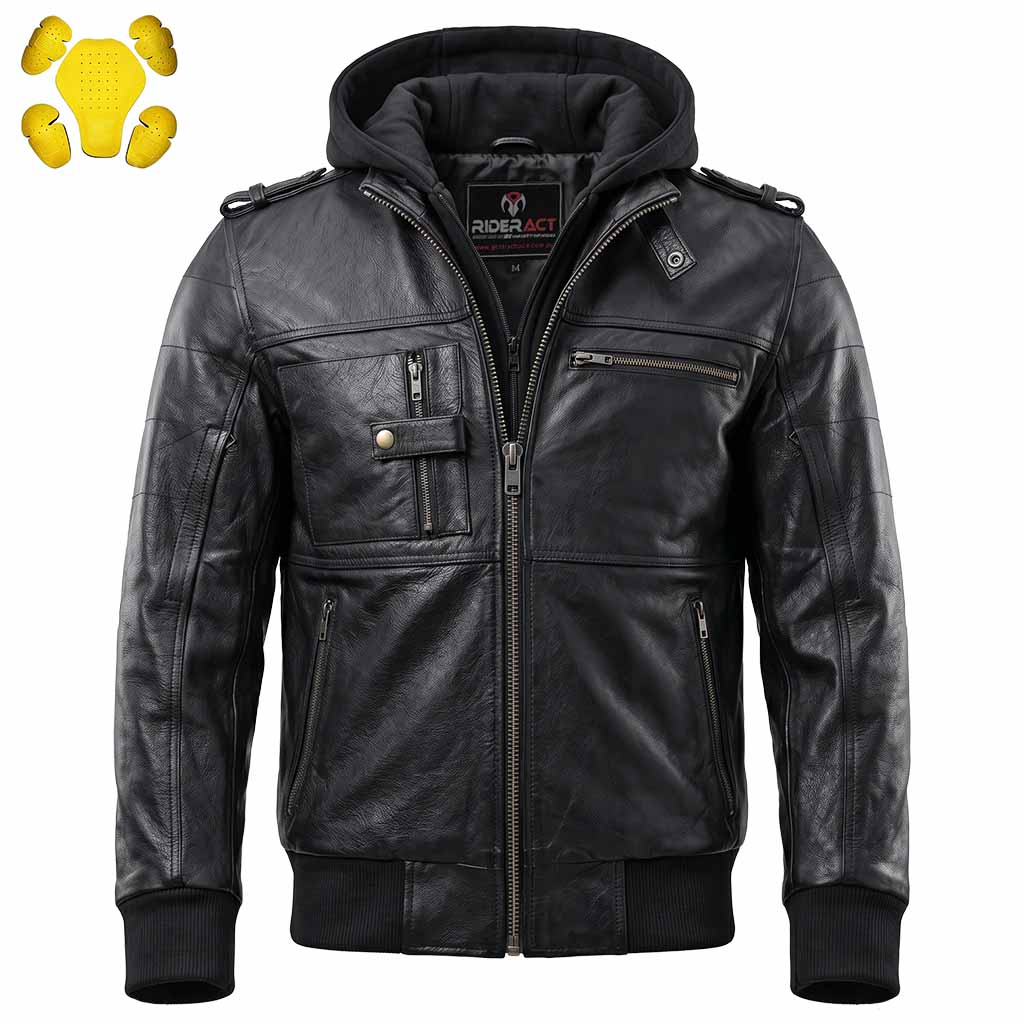 RIDERACT® Leather Motorcycle Jacket with Hood | Black Leather Riding Jacket