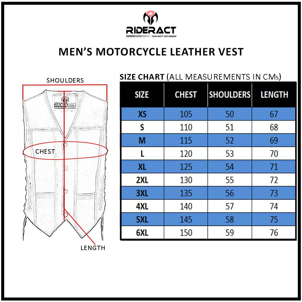 RIDERACT® leather vest size chart
