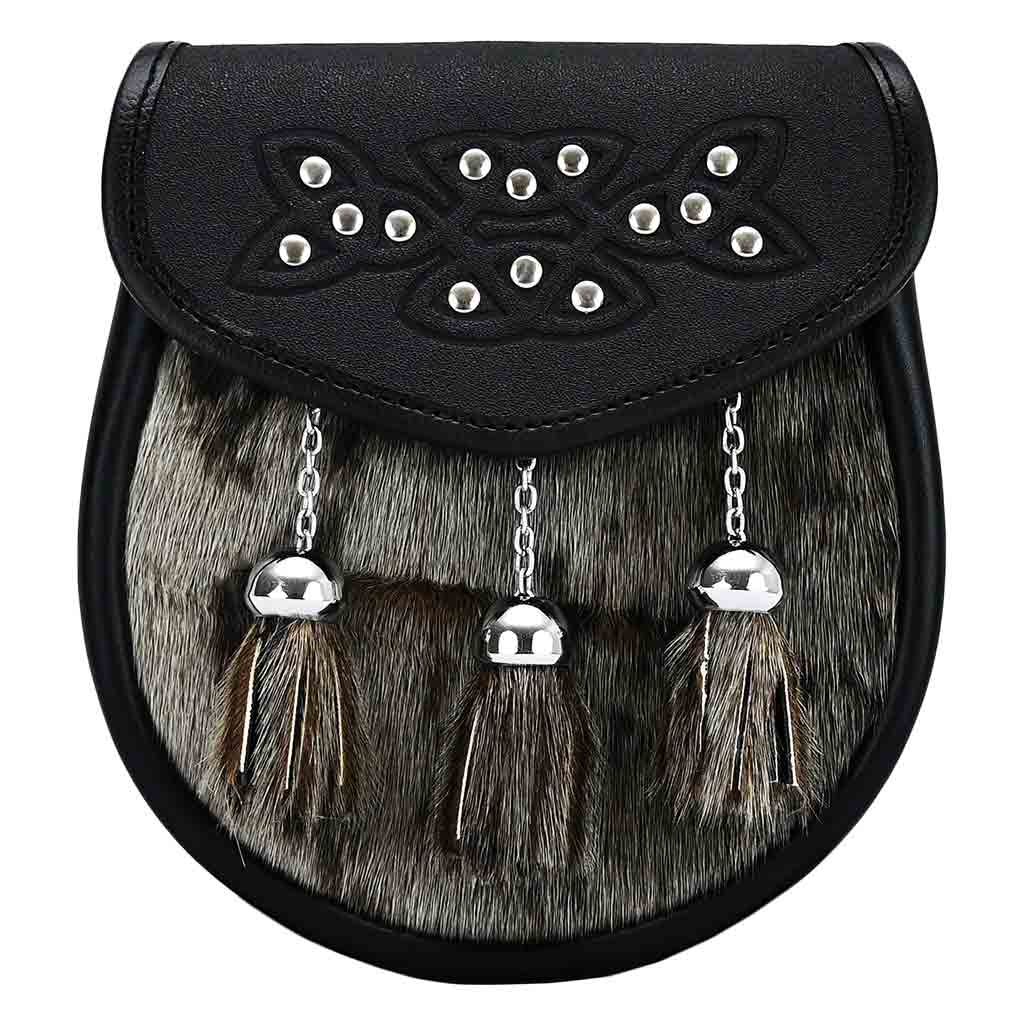 Premium Rabbit Fur Leather Sporran for Kilt with Thistle & Stone Detailing