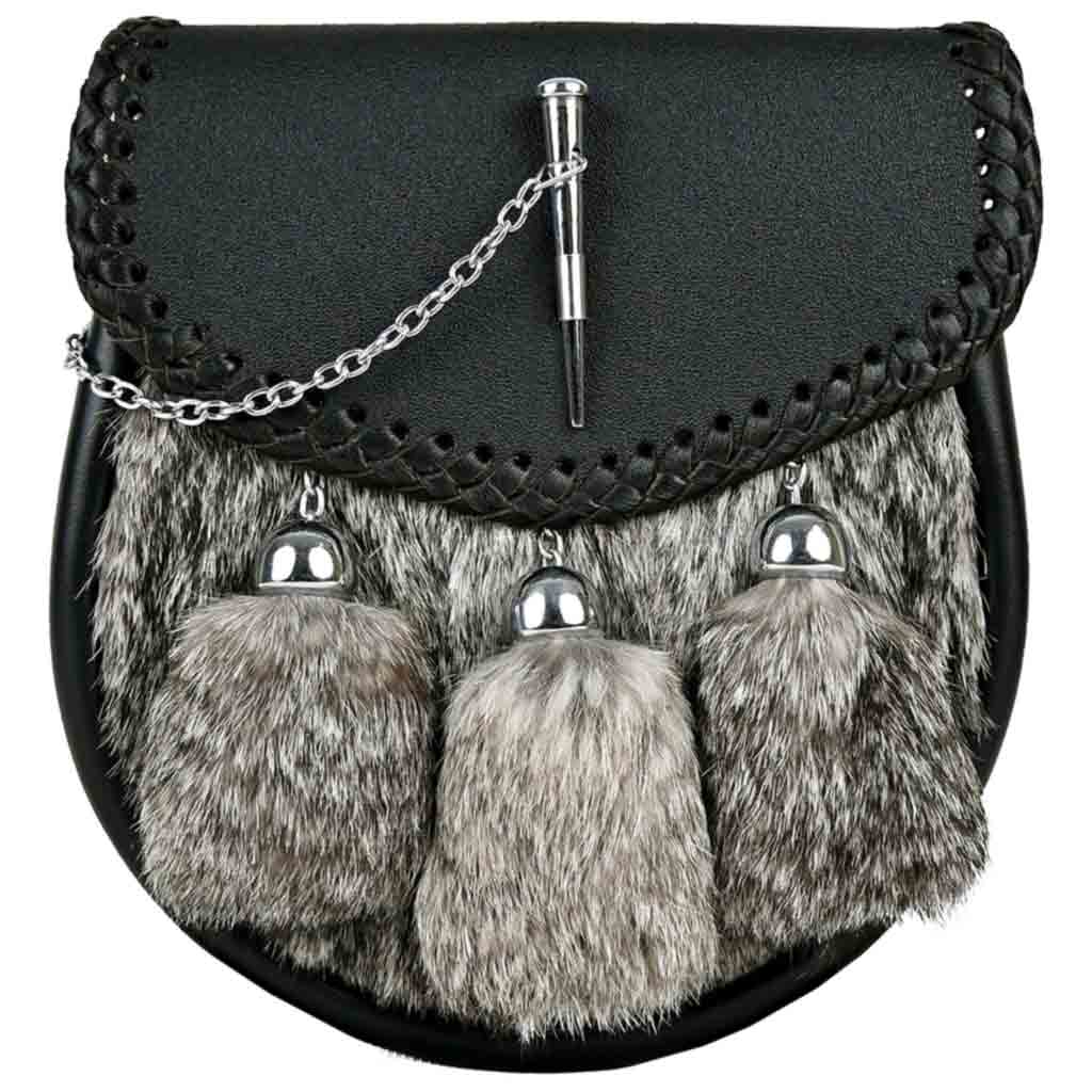 Scottish Kilt Sporran | Grey Rabbit Fur Leather Sporran
