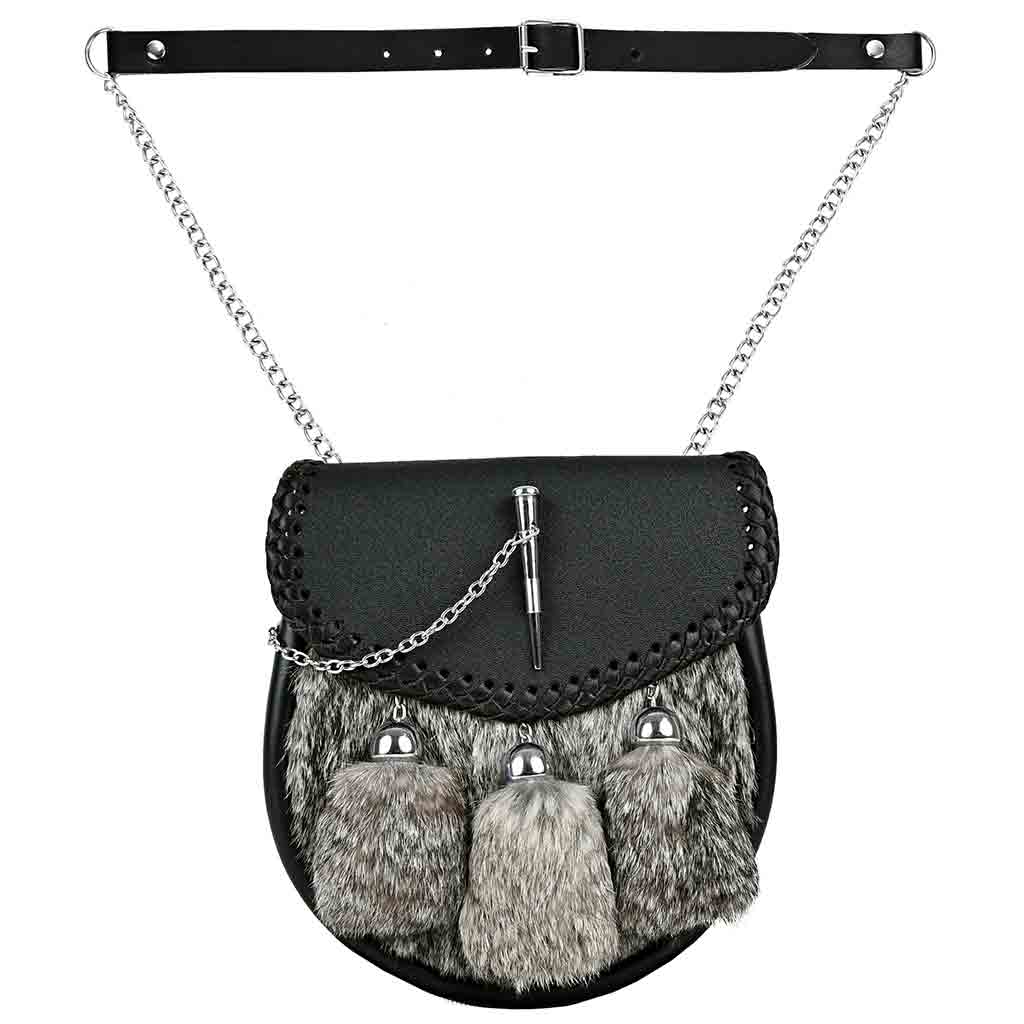 Scottish Kilt Sporran | Grey Rabbit Fur Leather Sporran