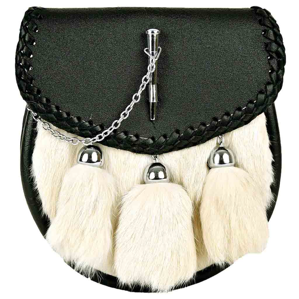 Men's Leather Sporran | White Rabbit Fur Kilt Sporran