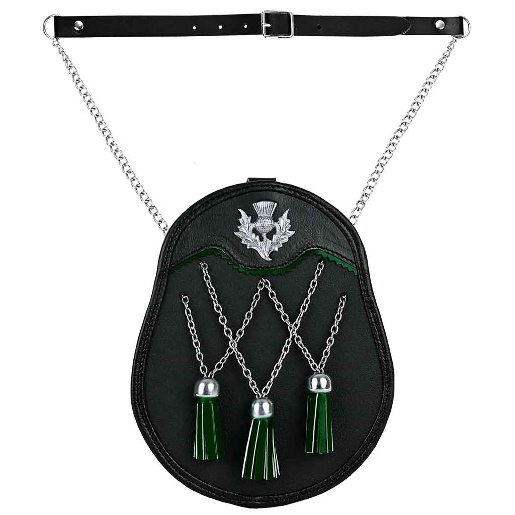 Scottish Leather Sporran with Thistle Mount, Silver Buff Chain, and Cross Designer Style