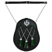 Scottish Leather Sporran with Thistle Mount, Silver Buff Chain, and Cross Designer Style