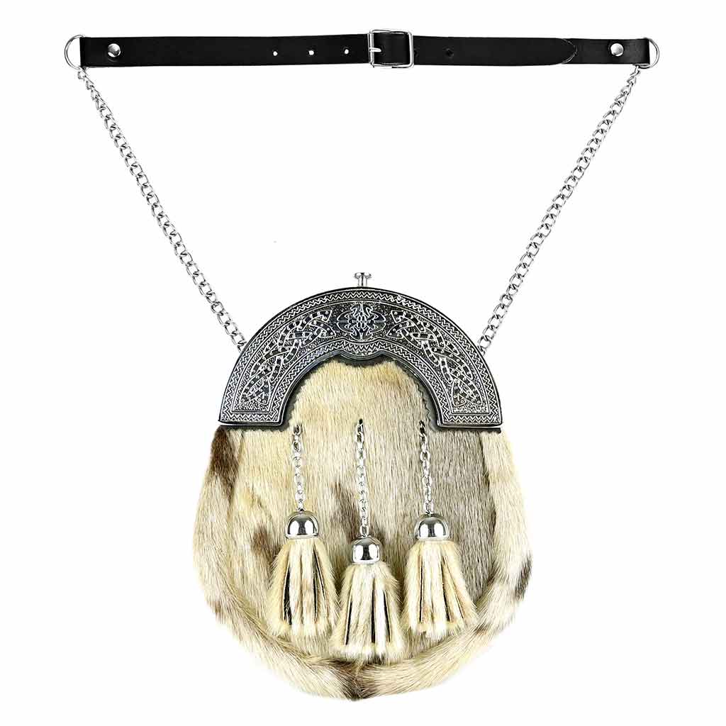 Chrome Head Triple Thistle Grey Rabbit Fur Kilt Sporran