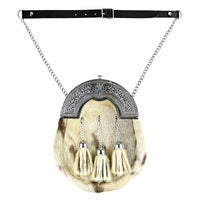 Sporran featuring cream fur, metal tassels