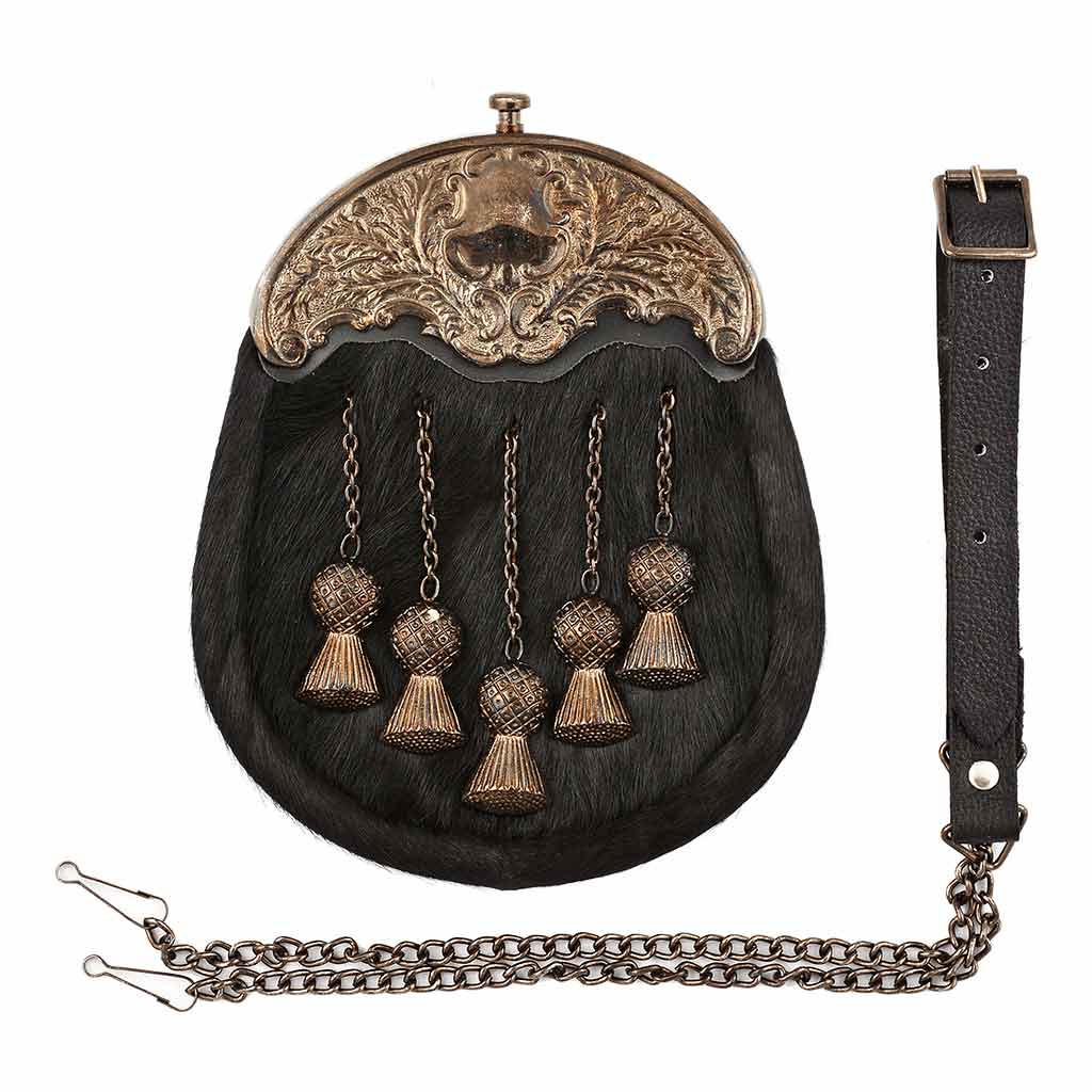 Leather Sporran with Antique Chrome | Black Fur 5 Tassel Kilt Sporran