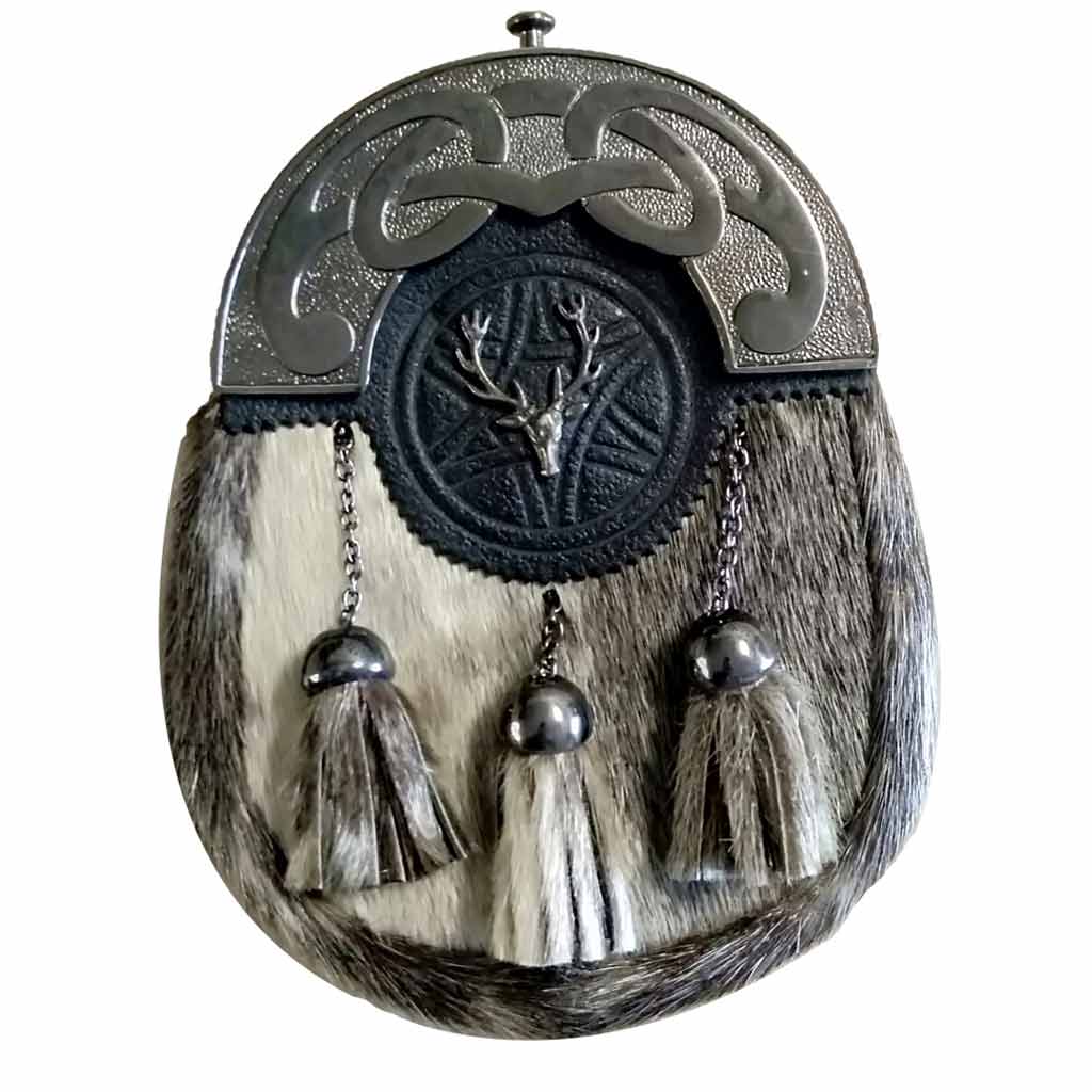 Traditional Leather Sporran for Kilt – Stag Head & Rabbit Fur Design