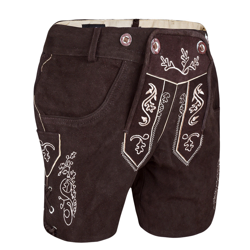 Side view of Womens Oktoberfest Outfit Bavarian Suede Leather Lederhosen Costume Chocolate Brown showing embroidery and adjustable leg lacing